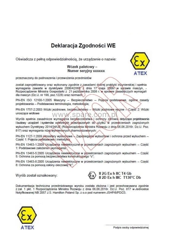 Deklaracja zgodności ATEX wózek paletowy nierdzewny